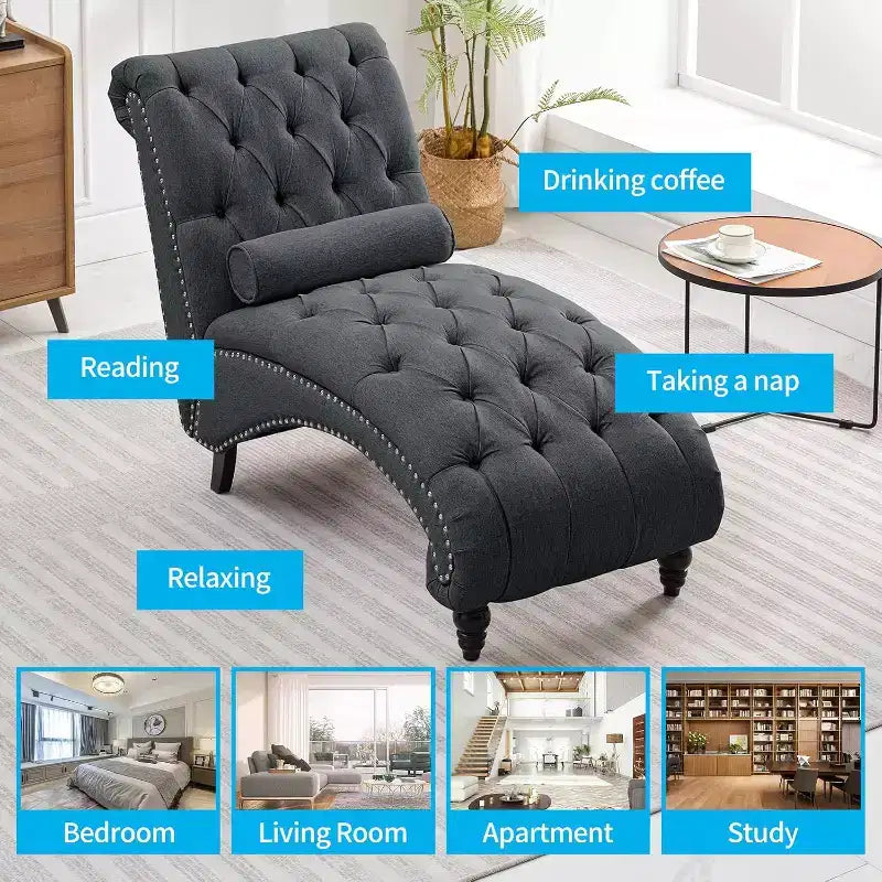 Button-Tufted Chaise Lounge Chair, Sofa Chaise Chair Indoor