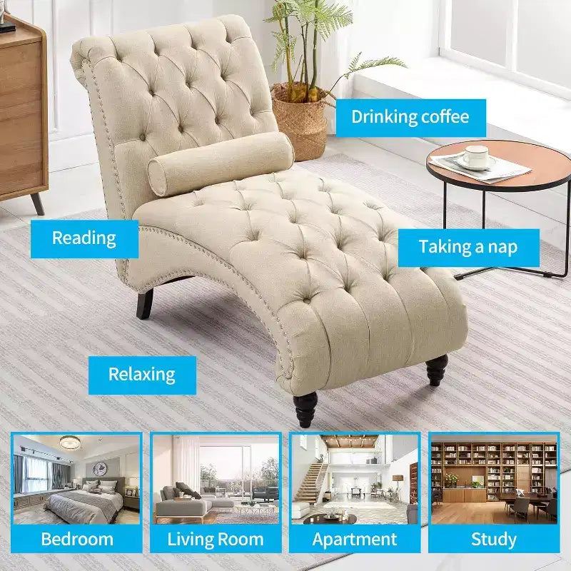 Button-Tufted Chaise Lounge Chair, Sofa Chaise Chair Indoor