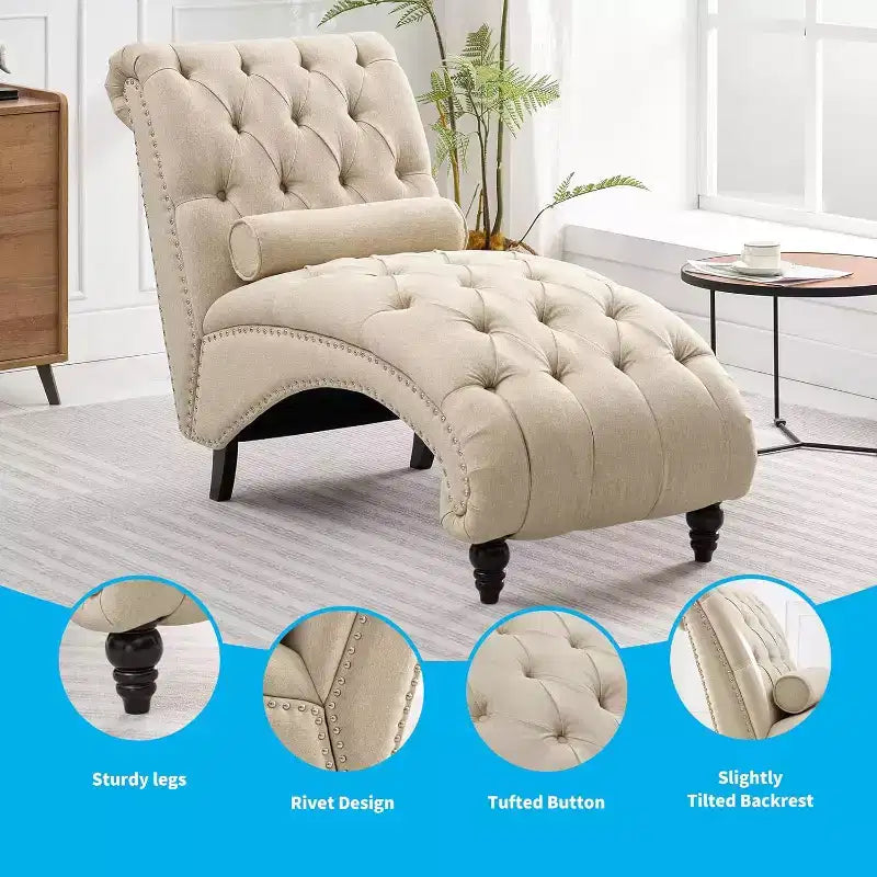 Button-Tufted Chaise Lounge Chair, Sofa Chaise Chair Indoor