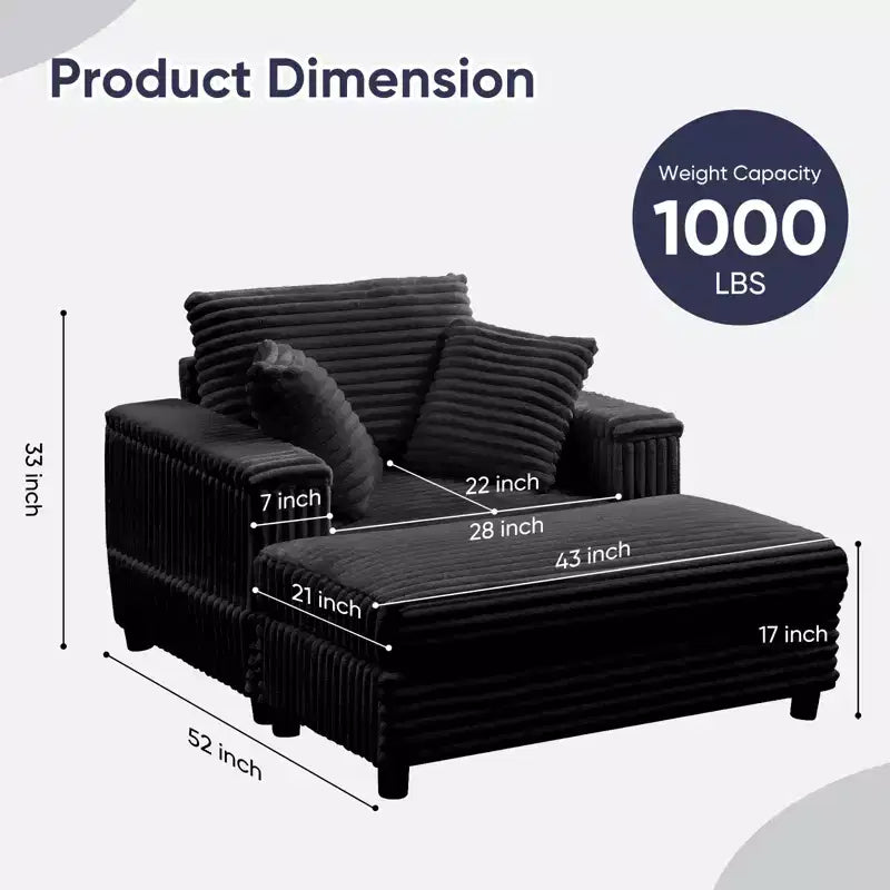 43 W Oversized Chaise Lounge Chair Indoor with Ottoman