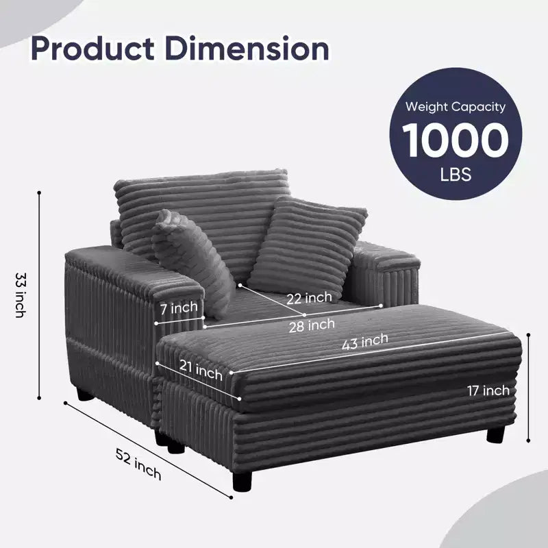 43 W Oversized Chaise Lounge Chair Indoor with Ottoman