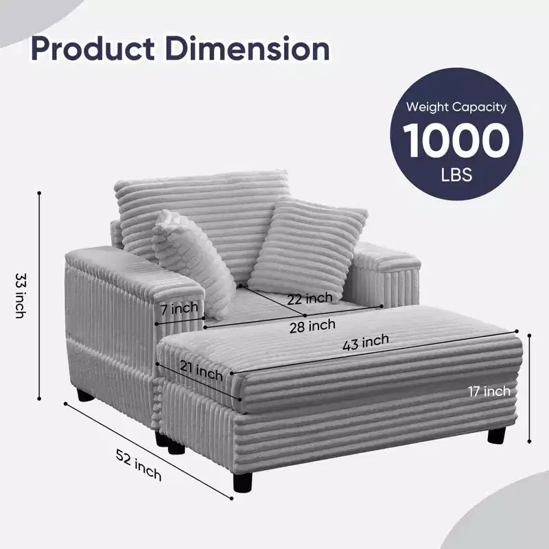 43 W Oversized Chaise Lounge Chair Indoor with Ottoman