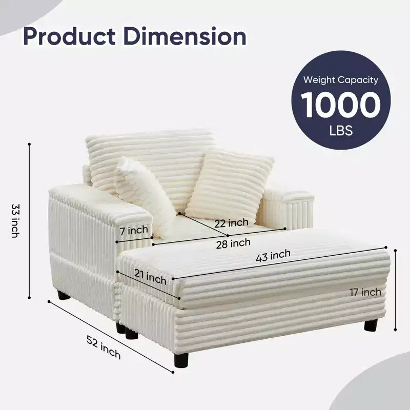 43 W Oversized Chaise Lounge Chair Indoor with Ottoman