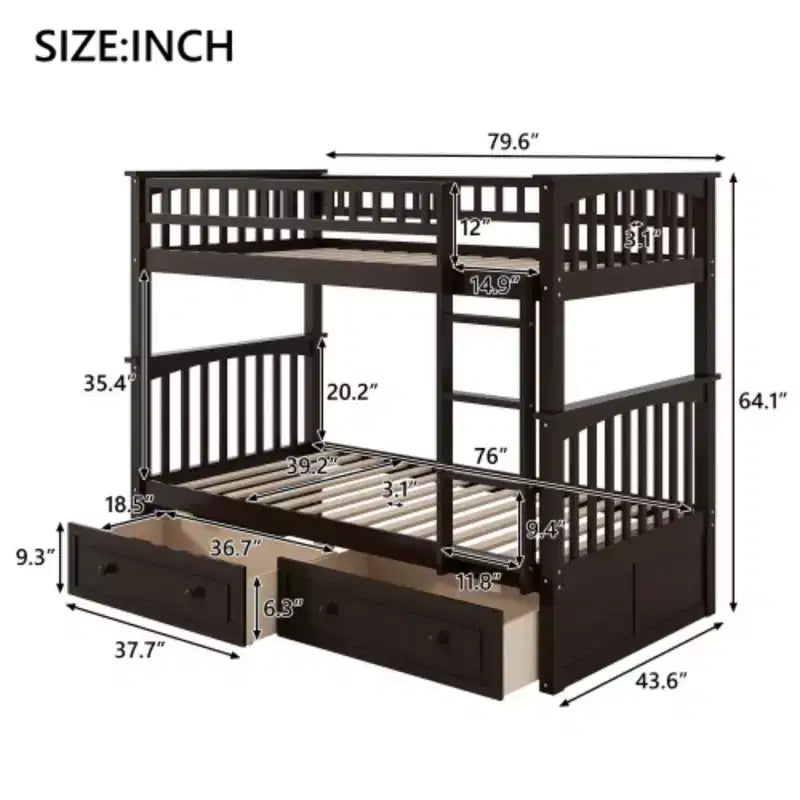 Twin over Twin Bunk Bed with Drawers, Convertible Beds, Espresso
