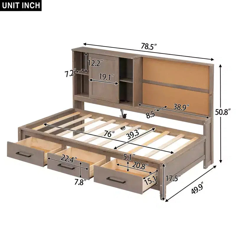 Byron Twin Size Lounge Daybed with Storage Shelves and USB Ports
