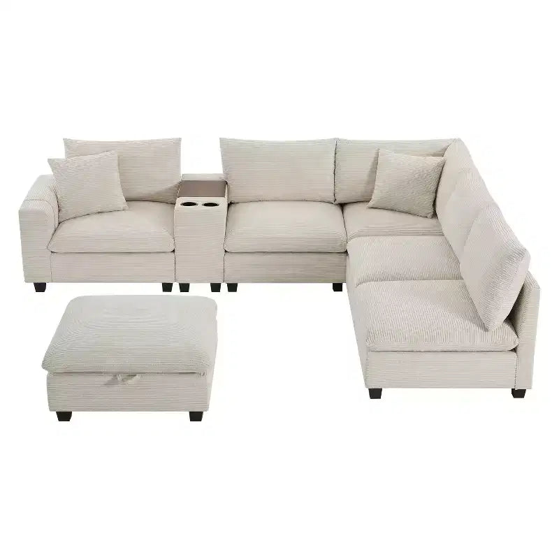 Modern Chenille 4-seat Sectional Sofa with Ottoman, L-Shaped Cloud Couch Set with Throw Pillows