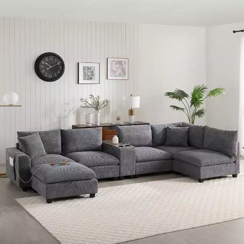 Modern Chenille 4-seat Sectional Sofa with Ottoman, L-Shaped Cloud Couch Set with Throw Pillows