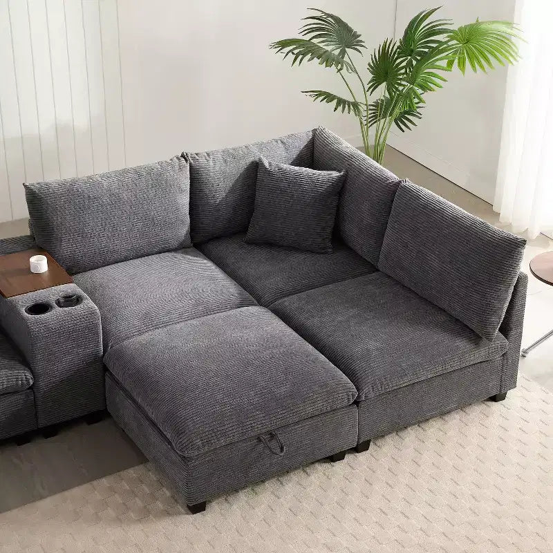 Modern Chenille 4-seat Sectional Sofa with Ottoman, L-Shaped Cloud Couch Set with Throw Pillows