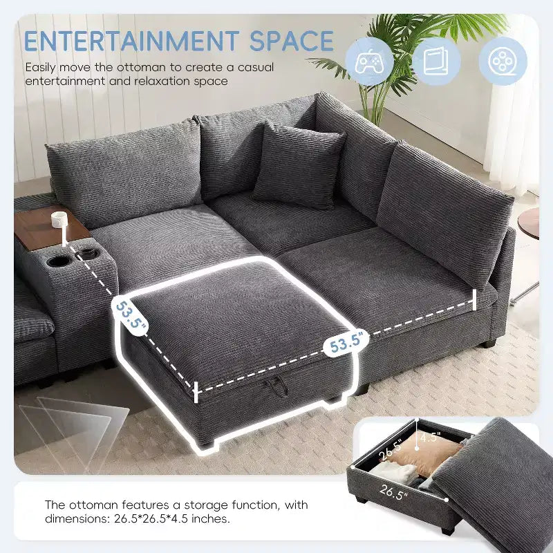Modern Chenille 4-seat Sectional Sofa with Ottoman, L-Shaped Cloud Couch Set with Throw Pillows