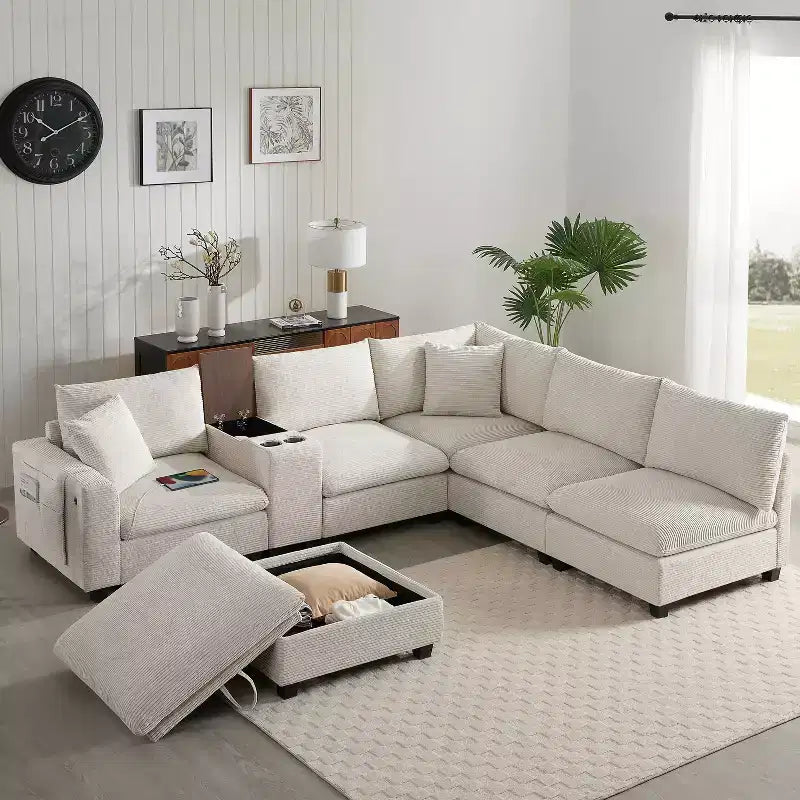 Modern Chenille 4-seat Sectional Sofa with Ottoman, L-Shaped Cloud Couch Set with Throw Pillows