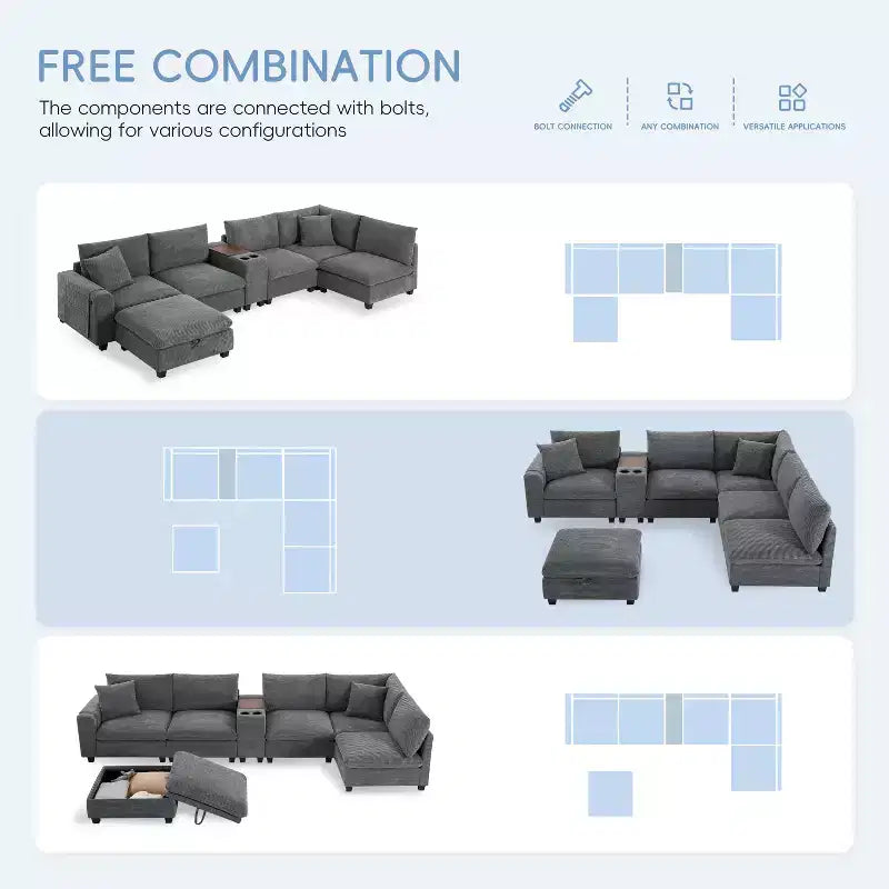 Modern Chenille 4-seat Sectional Sofa with Ottoman, L-Shaped Cloud Couch Set with Throw Pillows