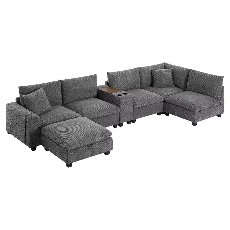 Modern Chenille 4-seat Sectional Sofa with Ottoman, L-Shaped Cloud Couch Set with Throw Pillows