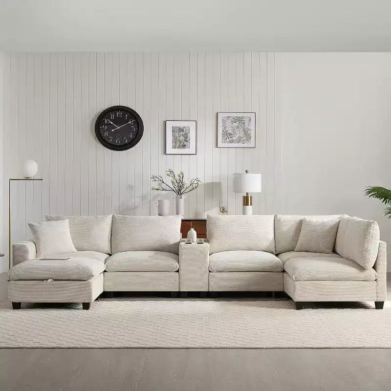 Modern Chenille 4-seat Sectional Sofa with Ottoman, L-Shaped Cloud Couch Set with Throw Pillows