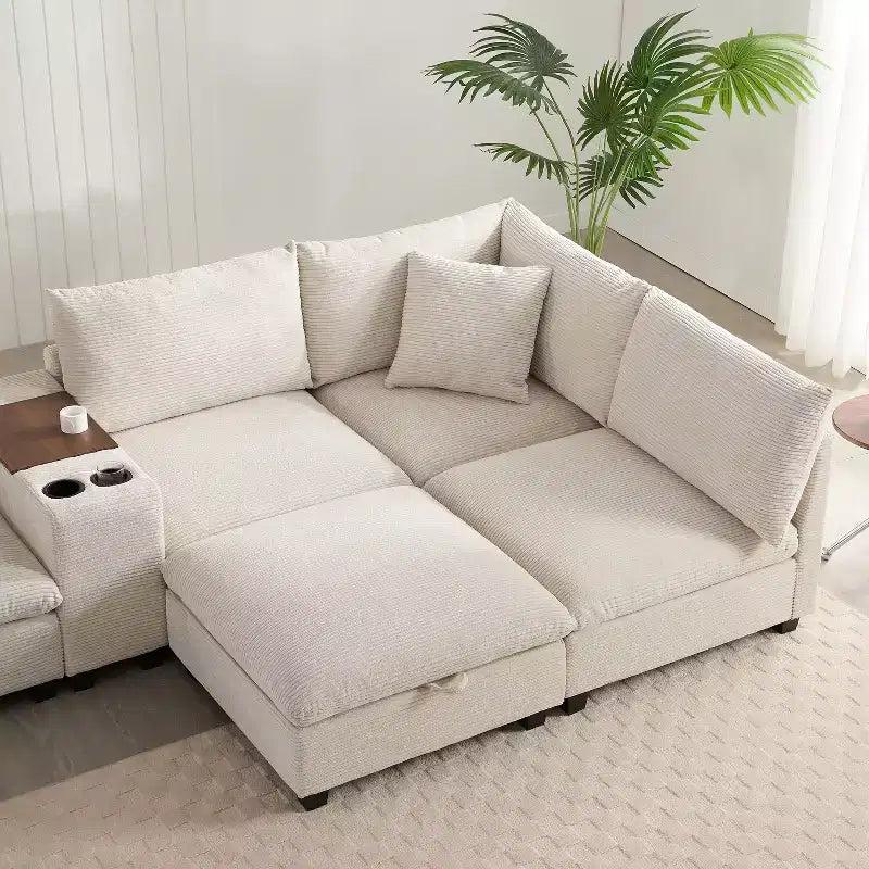 Modern Chenille 4-seat Sectional Sofa with Ottoman, L-Shaped Cloud Couch Set with Throw Pillows