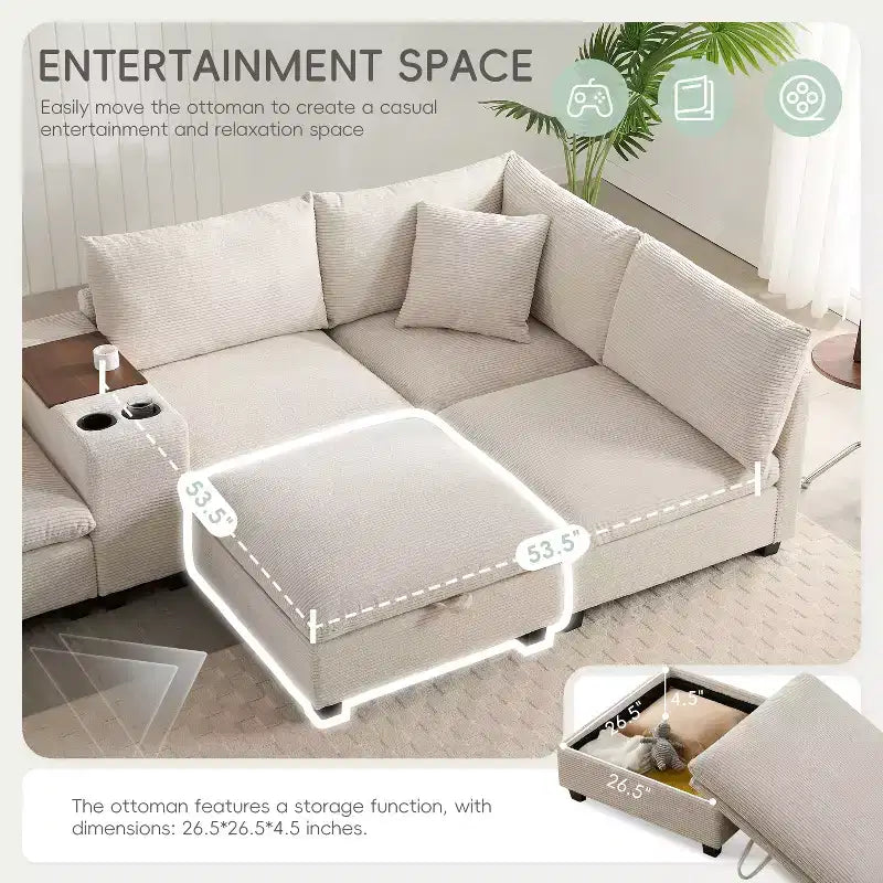 Modern Chenille 4-seat Sectional Sofa with Ottoman, L-Shaped Cloud Couch Set with Throw Pillows