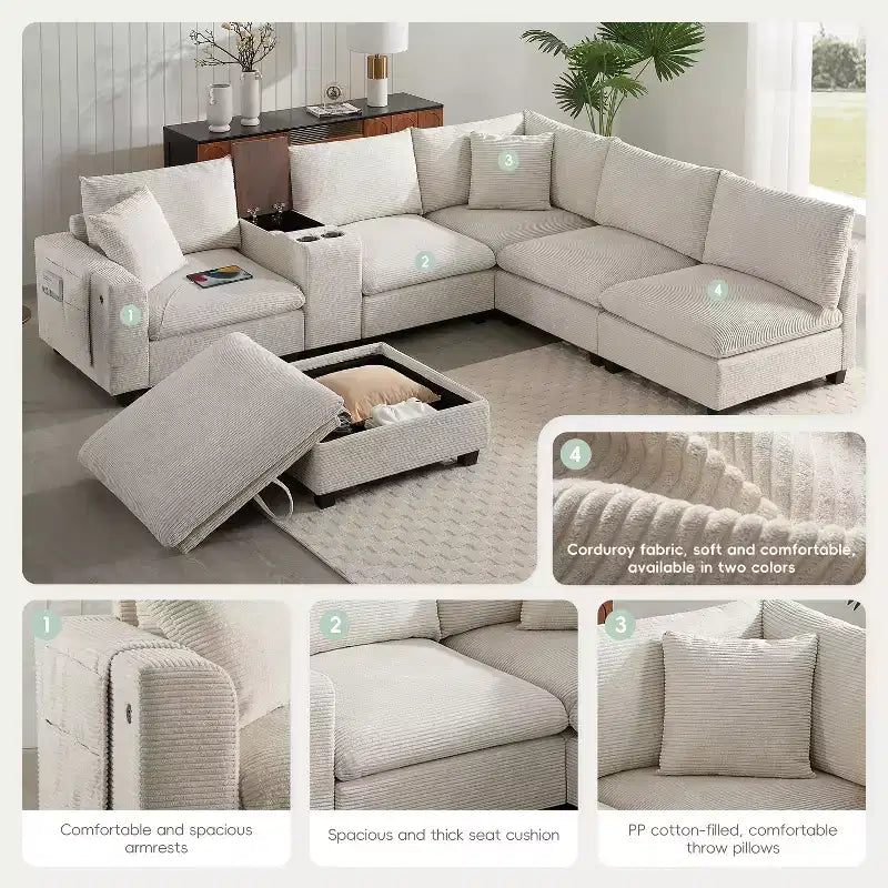 Modern Chenille 4-seat Sectional Sofa with Ottoman, L-Shaped Cloud Couch Set with Throw Pillows