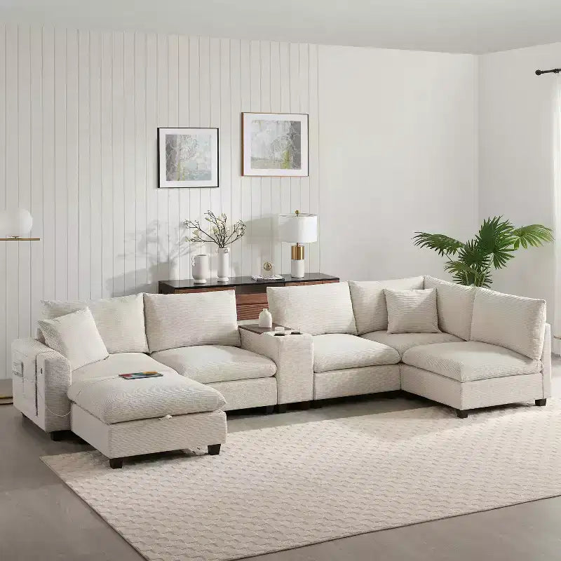 Modern Chenille 4-seat Sectional Sofa with Ottoman, L-Shaped Cloud Couch Set with Throw Pillows