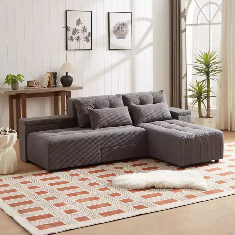 3-in-1 Convertible Sleeper & Sectional Sofa with 4 Storage Compartments for Living Room - Corduroy with 4 Pillows