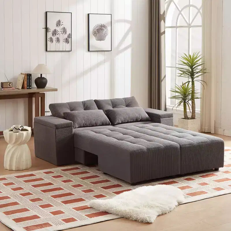 3-in-1 Convertible Sleeper & Sectional Sofa with 4 Storage Compartments for Living Room - Corduroy with 4 Pillows