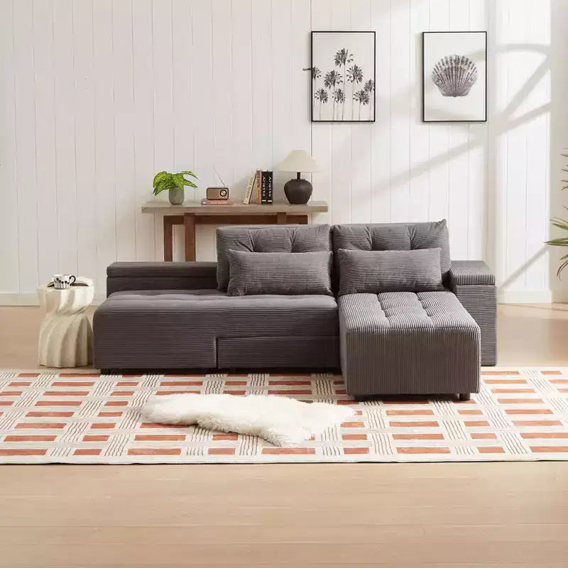3-in-1 Convertible Sleeper & Sectional Sofa with 4 Storage Compartments for Living Room - Corduroy with 4 Pillows