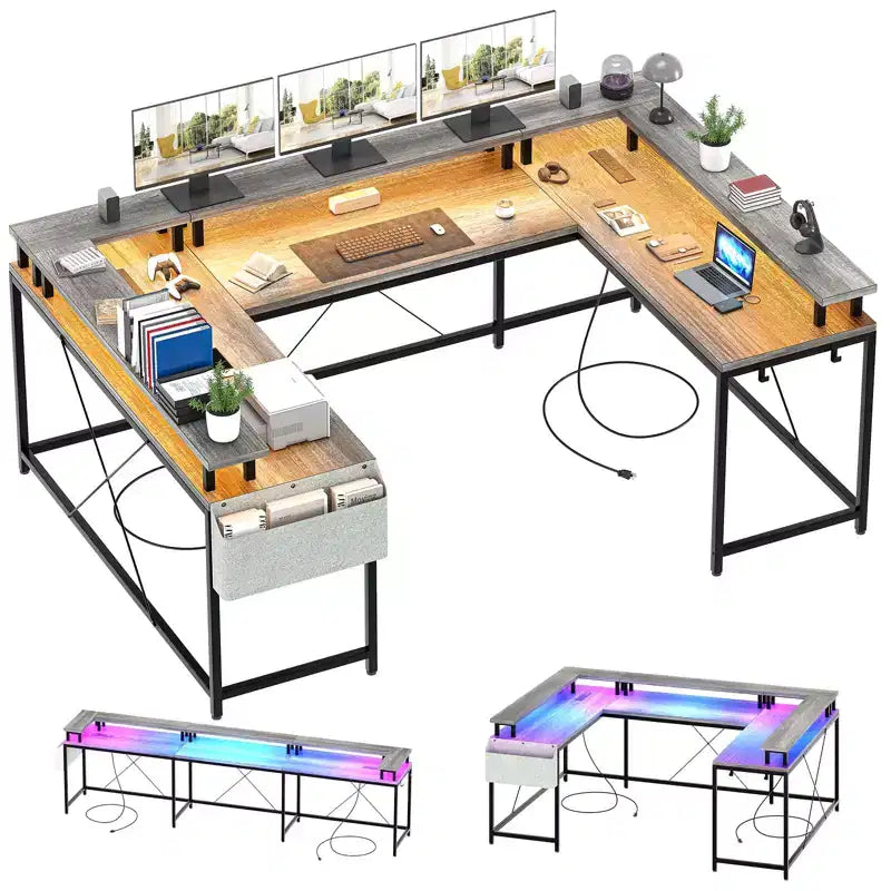U Shaped Computer Gaming Desk, Reversible L Shaped Desk with Power Outlets, LED Strip & Monitor Stand