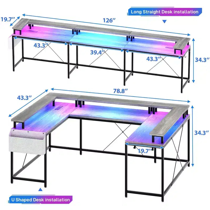 U Shaped Computer Gaming Desk, Reversible L Shaped Desk with Power Outlets, LED Strip & Monitor Stand