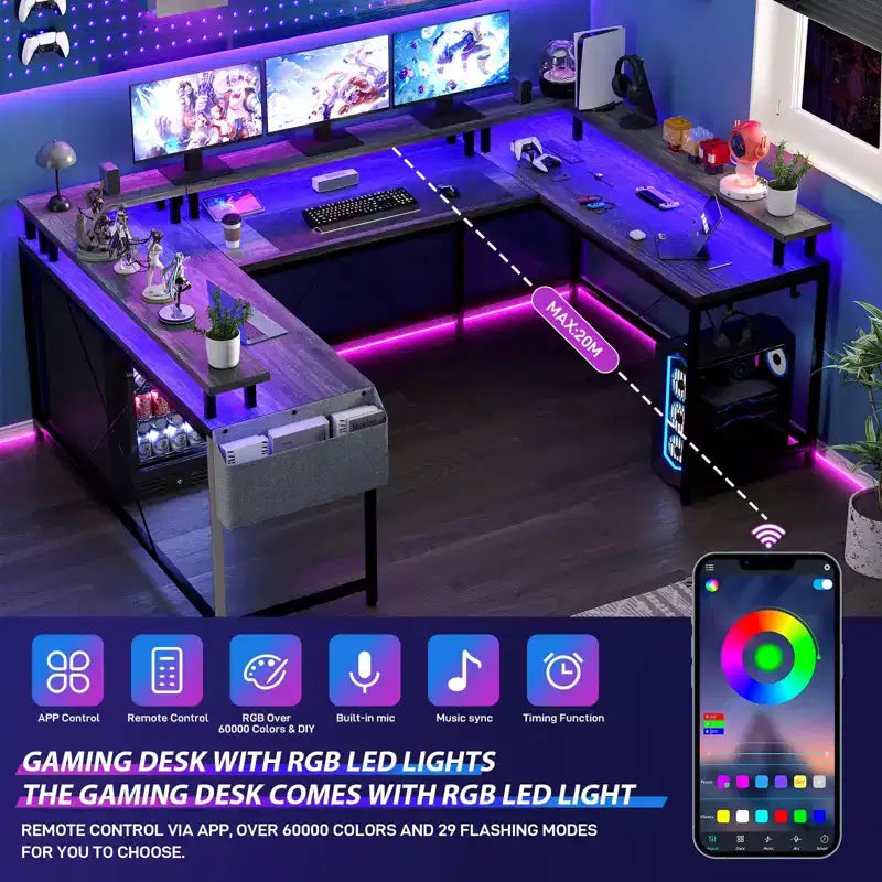 U Shaped Computer Gaming Desk, Reversible L Shaped Desk with Power Outlets, LED Strip & Monitor Stand