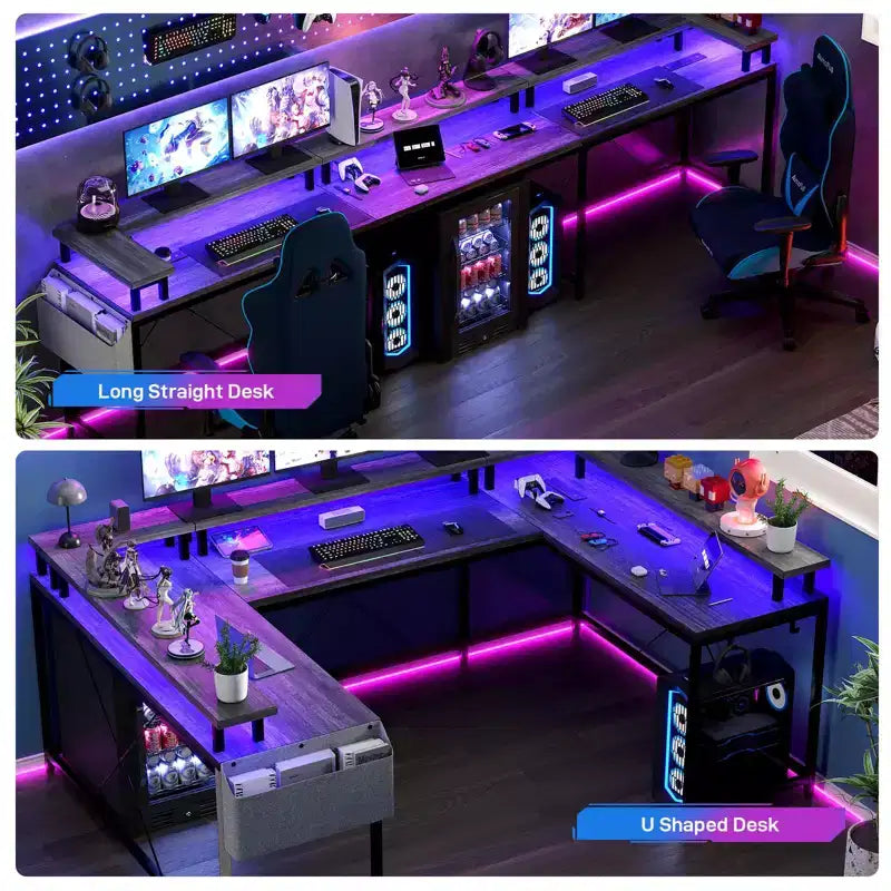 U Shaped Computer Gaming Desk, Reversible L Shaped Desk with Power Outlets, LED Strip & Monitor Stand