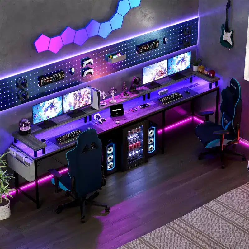 U Shaped Computer Gaming Desk, Reversible L Shaped Desk with Power Outlets, LED Strip & Monitor Stand