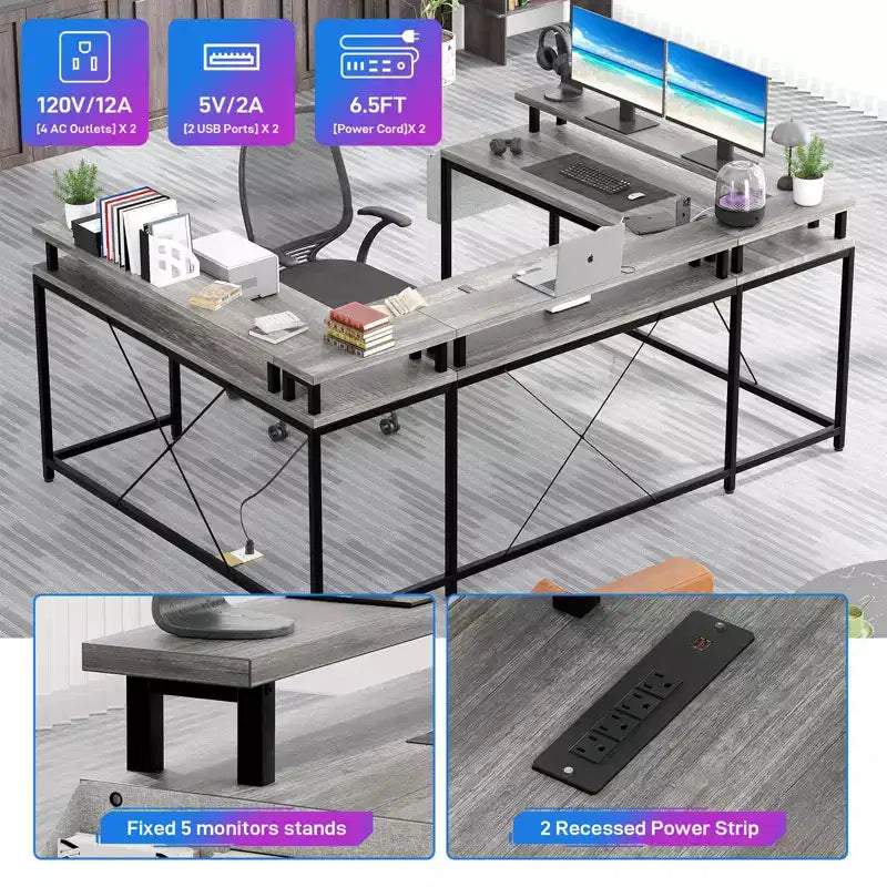 U Shaped Computer Gaming Desk, Reversible L Shaped Desk with Power Outlets, LED Strip & Monitor Stand