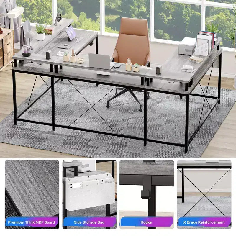 U Shaped Computer Gaming Desk, Reversible L Shaped Desk with Power Outlets, LED Strip & Monitor Stand