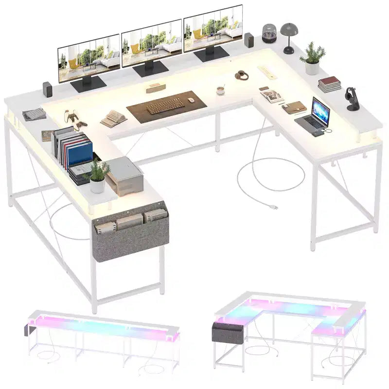 U Shaped Computer Gaming Desk, Reversible L Shaped Desk with Power Outlets, LED Strip & Monitor Stand