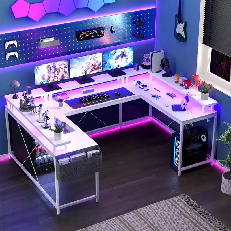 U Shaped Computer Gaming Desk, Reversible L Shaped Desk with Power Outlets, LED Strip & Monitor Stand