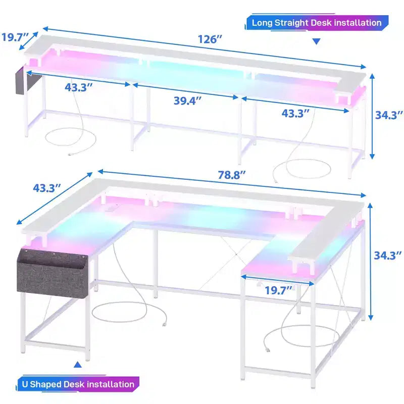 U Shaped Computer Gaming Desk, Reversible L Shaped Desk with Power Outlets, LED Strip & Monitor Stand