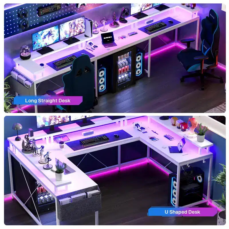 U Shaped Computer Gaming Desk, Reversible L Shaped Desk with Power Outlets, LED Strip & Monitor Stand