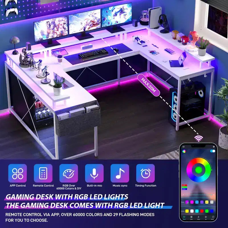 U Shaped Computer Gaming Desk, Reversible L Shaped Desk with Power Outlets, LED Strip & Monitor Stand