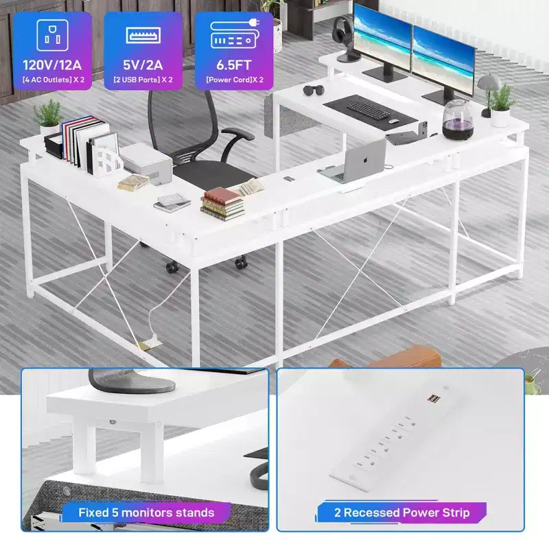 U Shaped Computer Gaming Desk, Reversible L Shaped Desk with Power Outlets, LED Strip & Monitor Stand
