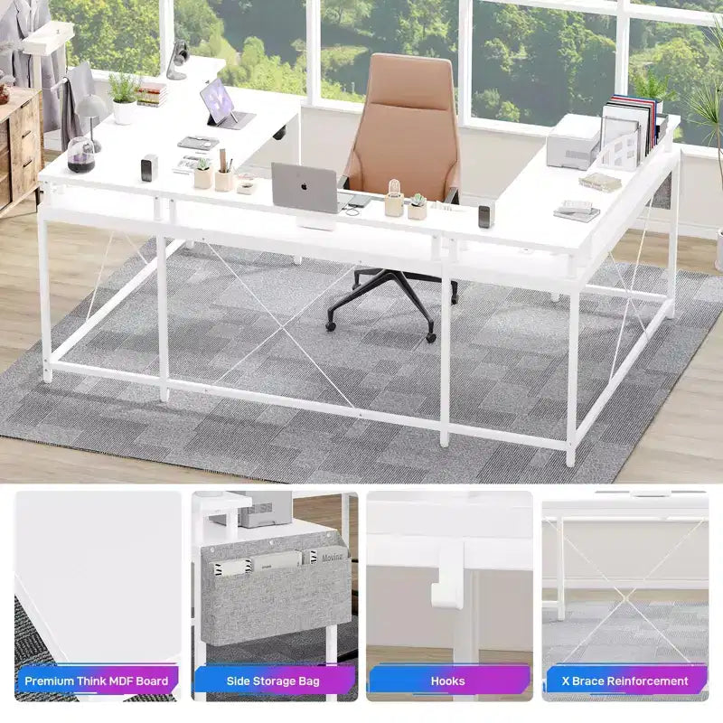 U Shaped Computer Gaming Desk, Reversible L Shaped Desk with Power Outlets, LED Strip & Monitor Stand