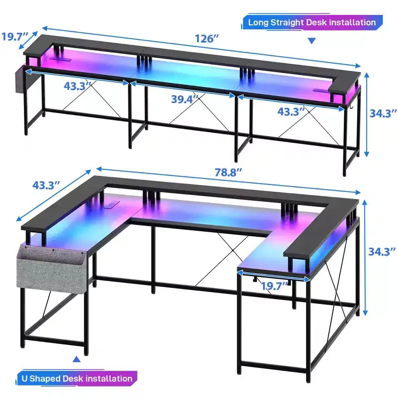 U Shaped Computer Gaming Desk, Reversible L Shaped Desk with Power Outlets, LED Strip & Monitor Stand