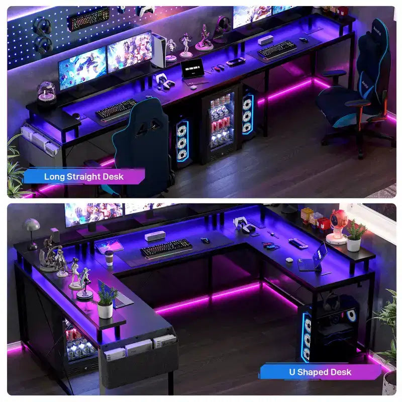 U Shaped Computer Gaming Desk, Reversible L Shaped Desk with Power Outlets, LED Strip & Monitor Stand