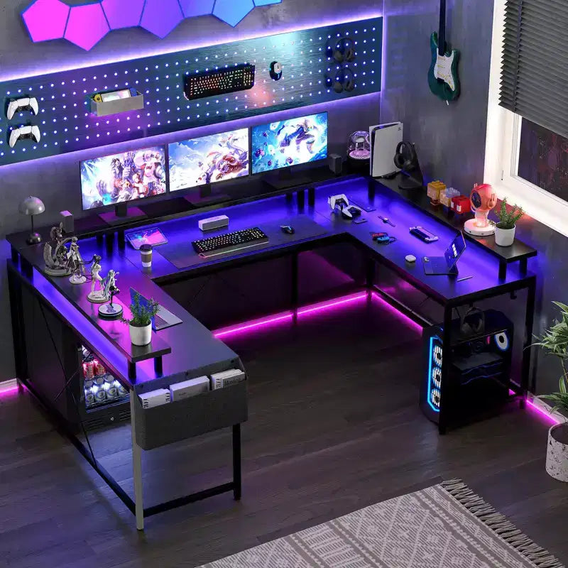 U Shaped Computer Gaming Desk, Reversible L Shaped Desk with Power Outlets, LED Strip & Monitor Stand