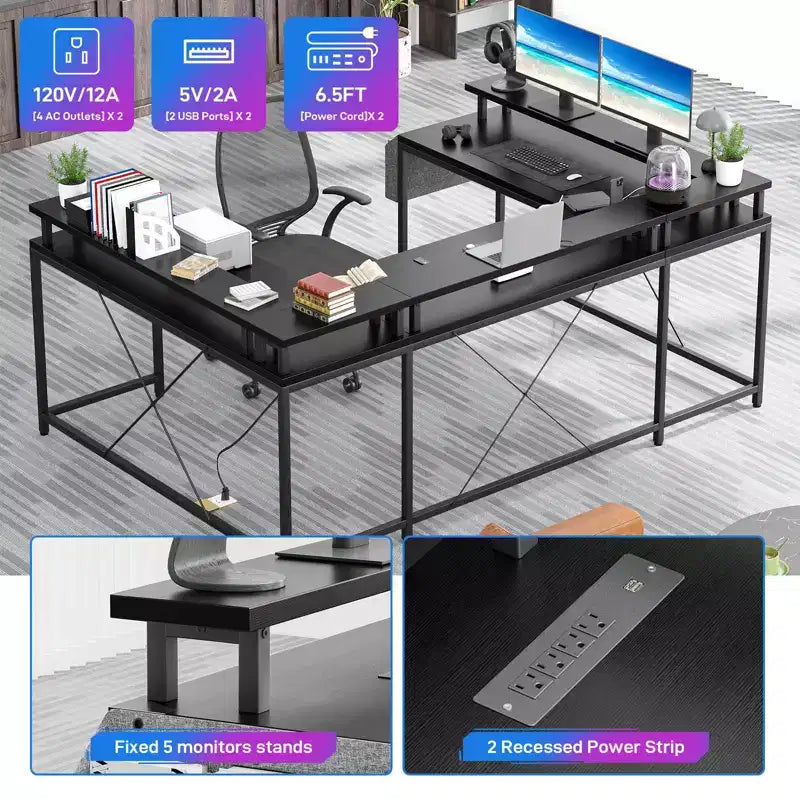 U Shaped Computer Gaming Desk, Reversible L Shaped Desk with Power Outlets, LED Strip & Monitor Stand