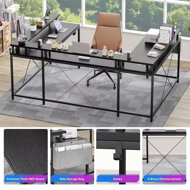U Shaped Computer Gaming Desk, Reversible L Shaped Desk with Power Outlets, LED Strip & Monitor Stand