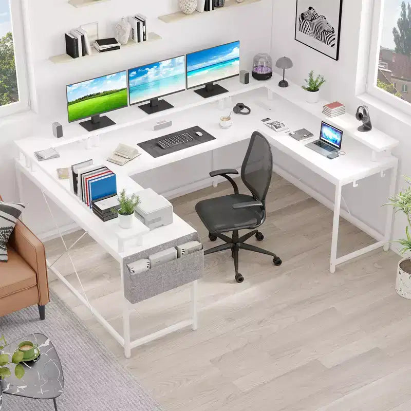 U Shaped Computer Gaming Desk, Reversible L Shaped Desk with Power Outlets, LED Strip & Monitor Stand