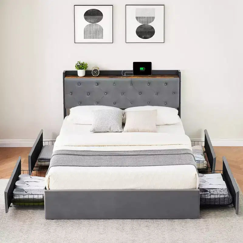 Bed Frame with 4 Storage Drawers and Charging Station, Upholstered Bed Frame with Storage Headboard -No Box Spring Needed