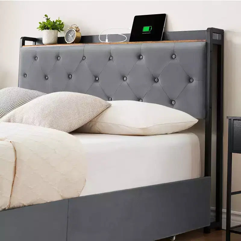 Bed Frame with 4 Storage Drawers and Charging Station, Upholstered Bed Frame with Storage Headboard -No Box Spring Needed