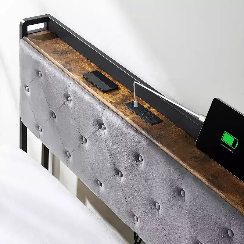Bed Frame with 4 Storage Drawers and Charging Station, Upholstered Bed Frame with Storage Headboard -No Box Spring Needed