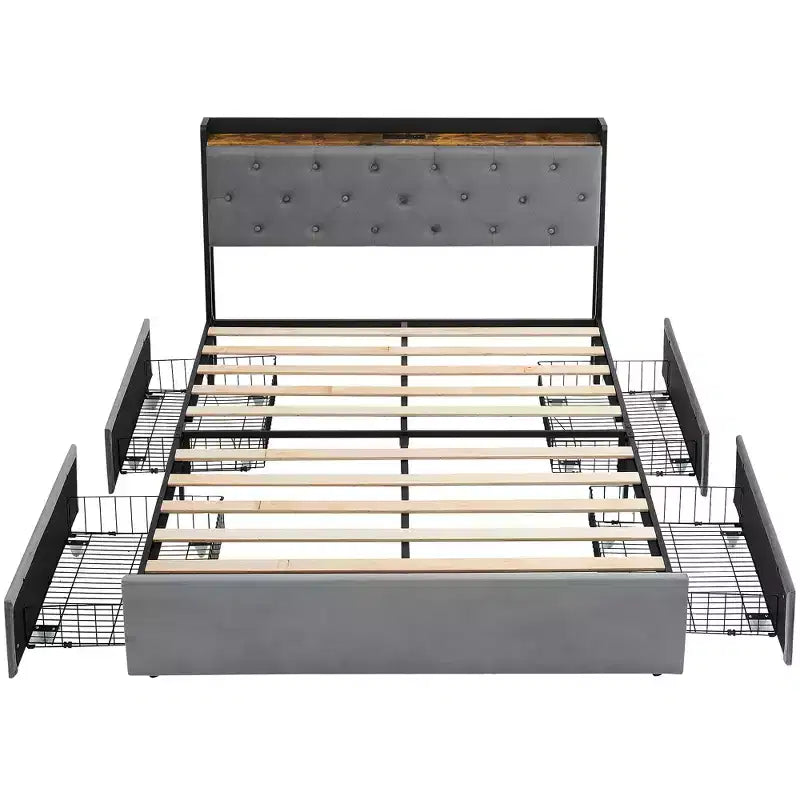 Bed Frame with 4 Storage Drawers and Charging Station, Upholstered Bed Frame with Storage Headboard -No Box Spring Needed