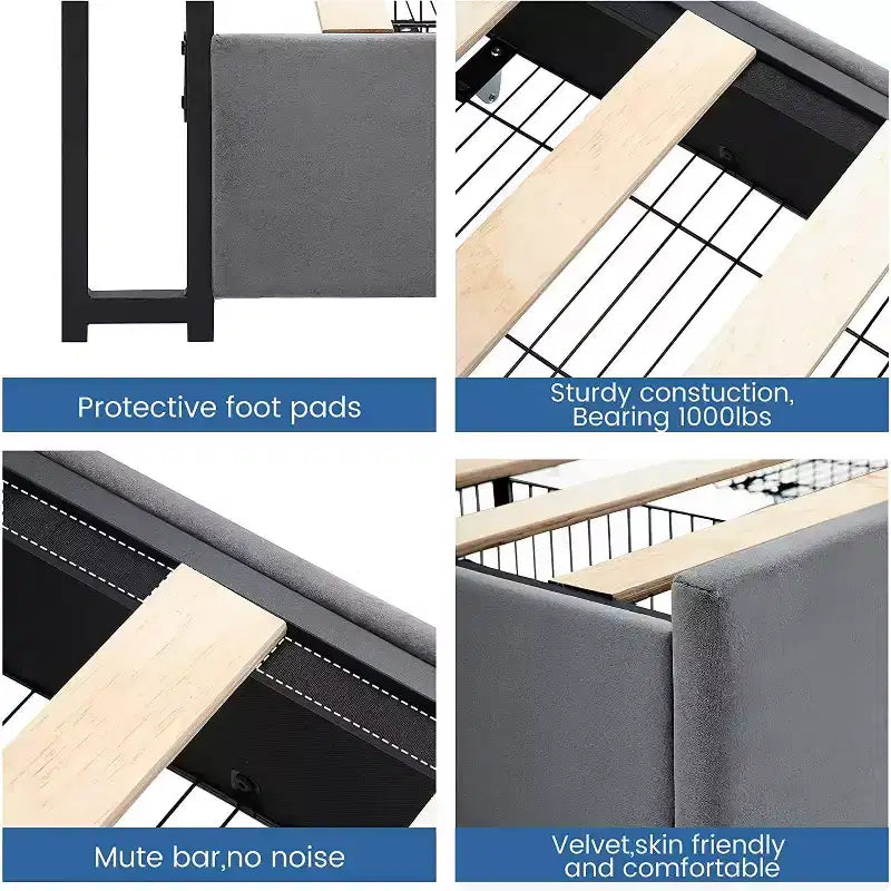 Bed Frame with 4 Storage Drawers and Charging Station, Upholstered Bed Frame with Storage Headboard -No Box Spring Needed