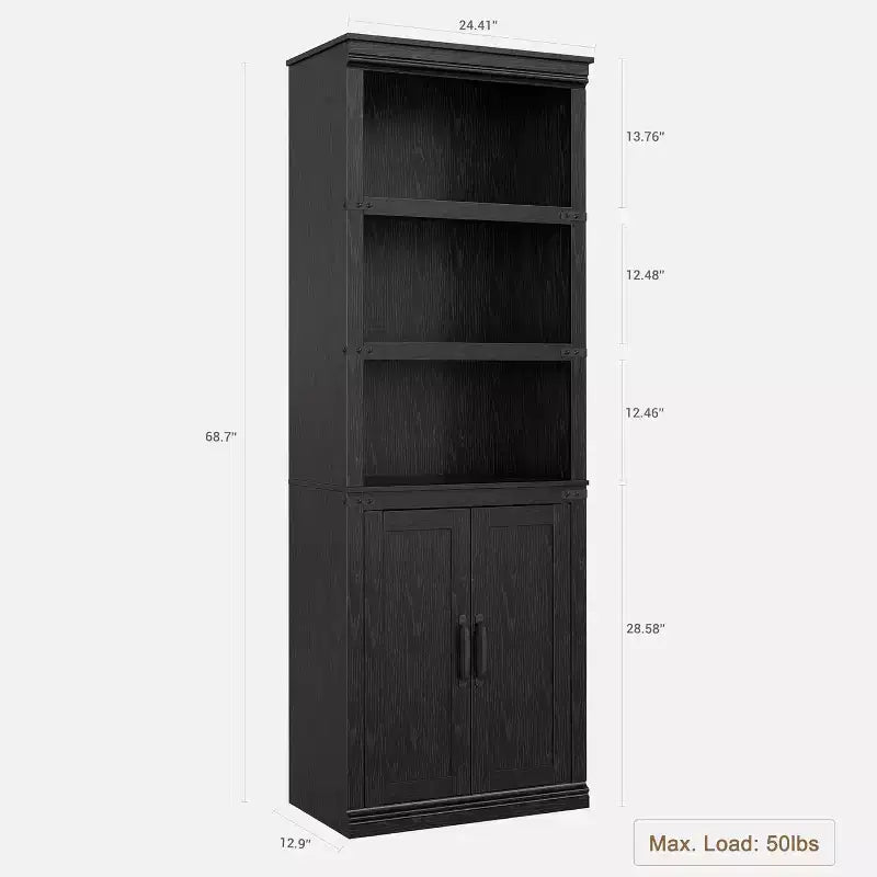 Farmhouse Bookcases with Doors, 5 Tier Bookshelf with Storage, Wooden Storage Cabinet